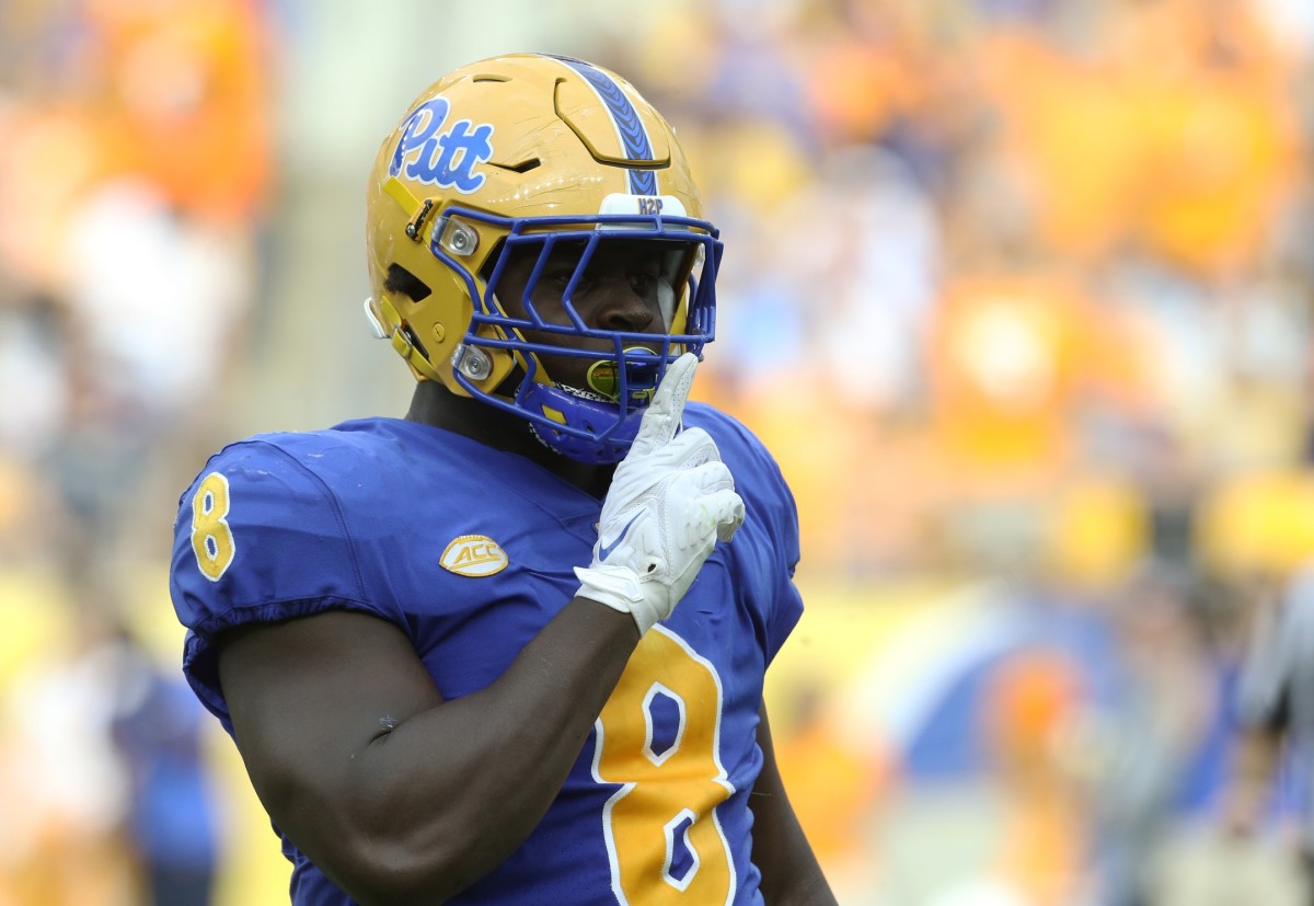 Sep 10, 2022; Pittsburgh, Pennsylvania, USA; Pittsburgh Panthers defensive lineman Calijah Kancey (8) reacts after recording a sack against the Tennessee Volunteers during the second quarter at Acrisure Stadium. Tennessee won 34-27 in overtime. Mandatory Credit: Charles LeClaire-USA TODAY Sports
